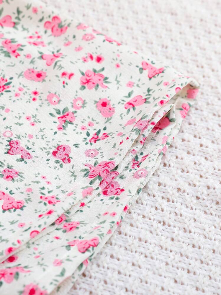 Camisón floral con mangas abombadas para niña, vestido para el hogar - Rosa Pálido - Añade 3