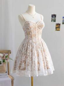 Soleia Women's Romantic Country Style Elastic Lace Patchwork Flounced Waisted Sweet Spaghetti Strap Cute Mini Dress, Valentine's Day,Vacation Outfits Woman,Birthday Homecoming Dress For Women,Dress For Women Elegant,Summer Dress For Women,Mardi Gras
