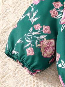 SHEIN Tween Girl Ditsy Floral Retro Sweet Ruffle Collared Puff Sleeve Loose Fit Princess Dress, Daily Wear, Mommy & Me Matching Outfit (2 Pieces Sold Separately) - Green - View 6