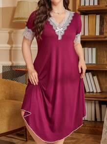 PalaceNights 大码女式休闲撞色蕾丝 V 领不对称下摆睡袍