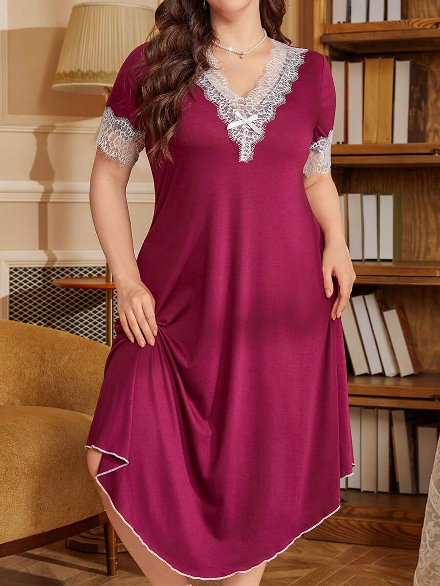 PalaceNights 大码女式休闲撞色蕾丝 V 领不对称下摆睡袍