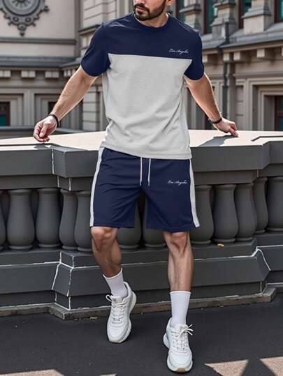 Manfinity Homme Men's Letter Graphic Crew Neck Short Sleeve Casual T-Shirt And Drawstring Waist Shorts Set, For Tennis