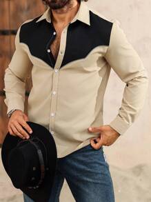 Manfinity Nomadique Men Rodeo Color Block Patchwork Button Front Long Sleeve Minimalist Casual Top, Daily Wear