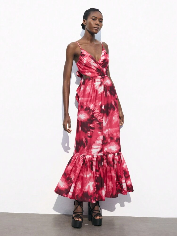 SHEIN Maija Women's Tie-Dye Print Backless Bowknot Cutout Spaghetti Strap Maxi Vacation Dress