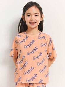 SHEIN Young Girls "Young Girls" Letter Print Loose Fit Dropped Shoulder Round Neck T-Shirt And Elastic Waist Ankle Length Pants Sets, Casual Daily Wear, Spring