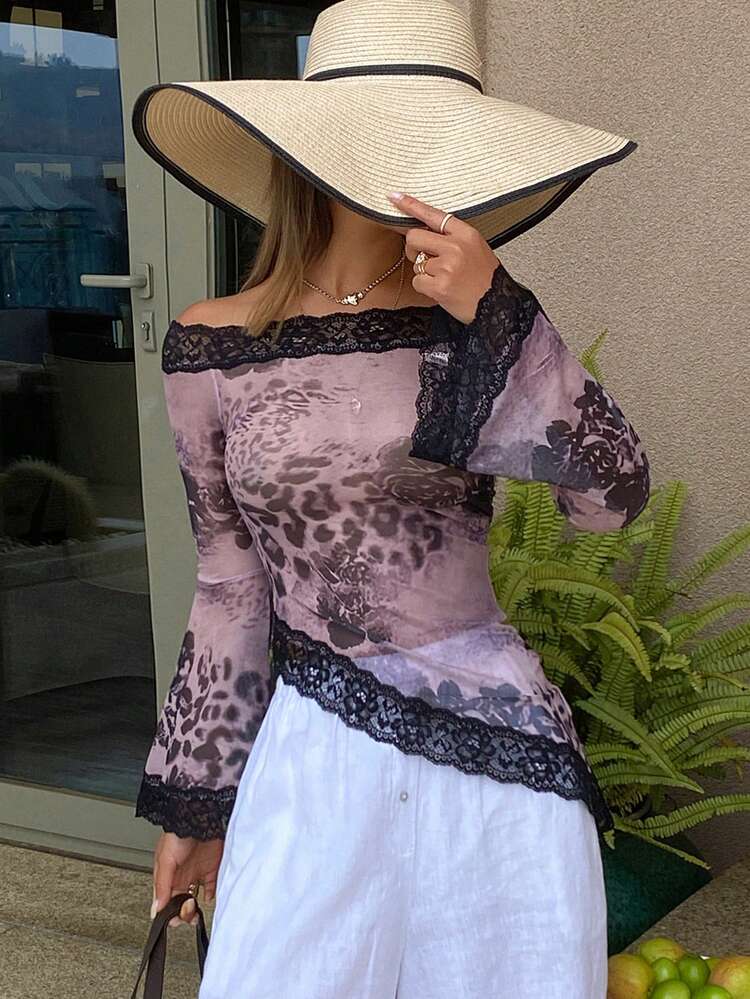 Lace & Mesh Splice Form-Fitting Off Shoulder Long Sleeve Crop Top For Women, Spring/Summer Sheer