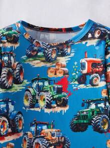 2pcs Young Boy Pajamas Set, Featuring Simple Stylish Allover Print Cargo Truck Pattern Long Sleeve Top And Long Pants, Vibrant Glow-In-The-Dark Starry Sky Print, Soft Stretchy And Breathable Knit Fabric, Suitable For All Seasons