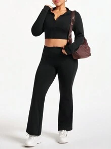 Plus Size Women Sports Casual Yoga Running Zip Half Placket Long Sleeve Top & Pants Fitness Workout Set Workout Women Set
