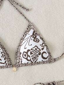 Summer Leaf Print Backless Halter With Gold Shell Pendant Tied Side Tassel Women Beach Bikini Set - Multicolor - View 7