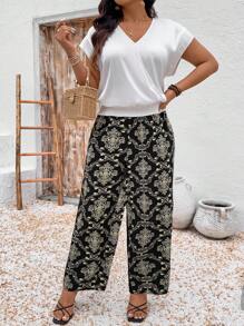 SHEIN LUNE 2pcs Plus Size Women Chiffon Patchwork White Short Sleeve Top & Shorts Set, Elegant Holiday & Resort, Spring/Summer