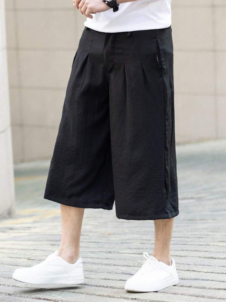 Manfinity RSRT 男士宽松 7/10 长度裤子，纯色休闲时尚，适合日常穿着 - 黑色 - 查看 3