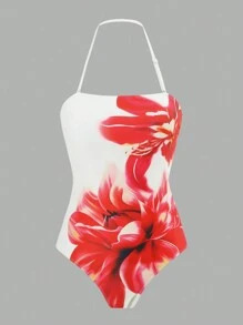 Women's Sexy & Elegant Floral Print Halter One-Piece Swimsuit, Slimming Beach Outfit For Summer Beach Vacation
