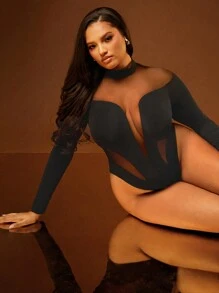 SHEIN Unity Women Clothes, Plus Size Women Stand Collar Long Sleeve Black Mesh Patchwork Sexy Bodysuit, Women Tops, Women Bodysuits, Long Sleeve Top, Sexy Women Tops, Going Out Tops, Black Top, Long Sleeve Women Tops. For Date Night, Concerts, Performances, Parties, Clubs, Evening - Black - View 5