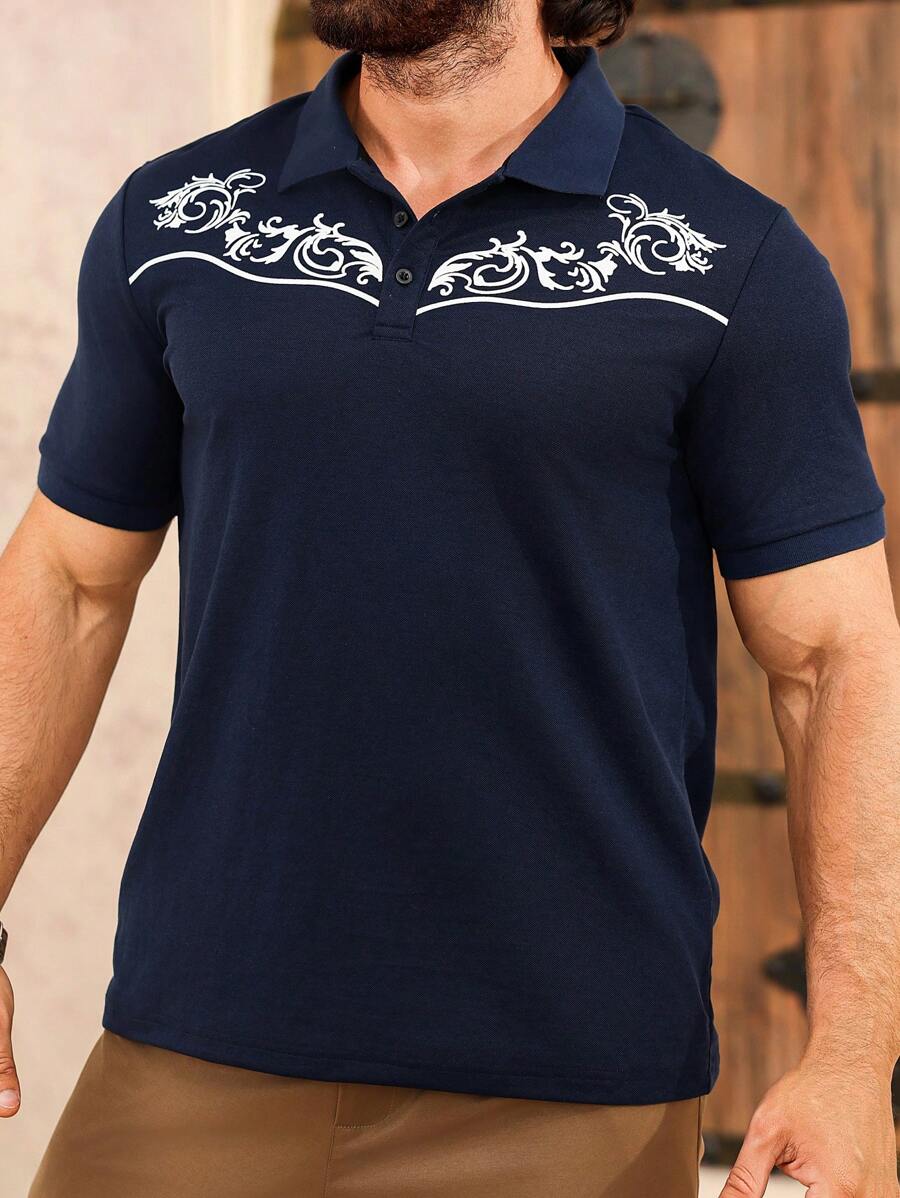 Manfinity Homme Men's Front Button Short Sleeve Graphic Casual Shirt, Everyday Wear - Royal Blue - View 1