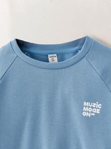 SHEIN Tween Boy Round Neck Long Sleeve Letter Print Minimalist Casual Top, Daily Wear - Blue - View 3