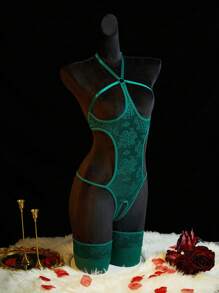 SHEIN 霓虹绿女士镂空性感连体衣内衣外衣，适合外出穿着