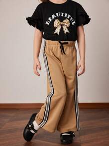 PrepCrw Pantalones deportivos anchos de cintura elástica de punto holgados con decoración de bandas laterales para niñas jóvenes, primavera/verano