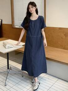 DAZY 女士休闲洗水牛仔短袖连衣裙夏季 - 藍色 - 查看 7