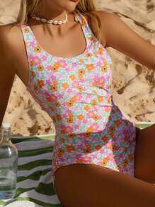 Swim Mod Traje de baño de una pieza veraniego y casual, sexy y de espalda descubierta, con estampado floral diminuto para vacaciones en la playa de las mujeres