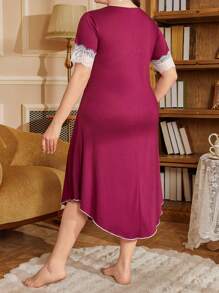 PalaceNights 大码女式休闲撞色蕾丝 V 领不对称下摆睡袍