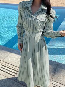 DAZY 女士条纹衬衫式中长连衣裙，后收腰，休闲女装，秋季长袖连衣裙