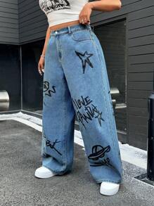 SHEIN EZwear Plus Size Women's Letter Print Pocket Wide Leg Jeans