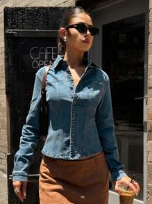 Forever 21 Women's Front Button Long Sleeve Casual Denim Jacket, Everyday Wear - Blue - View 4