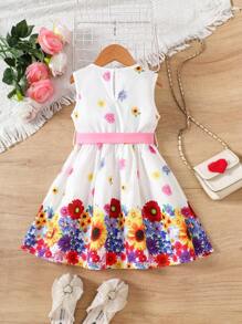 SHEIN Floral Print Cute Sleeveless Round Neck Dress For Young Girls - Baby Pink - View 2
