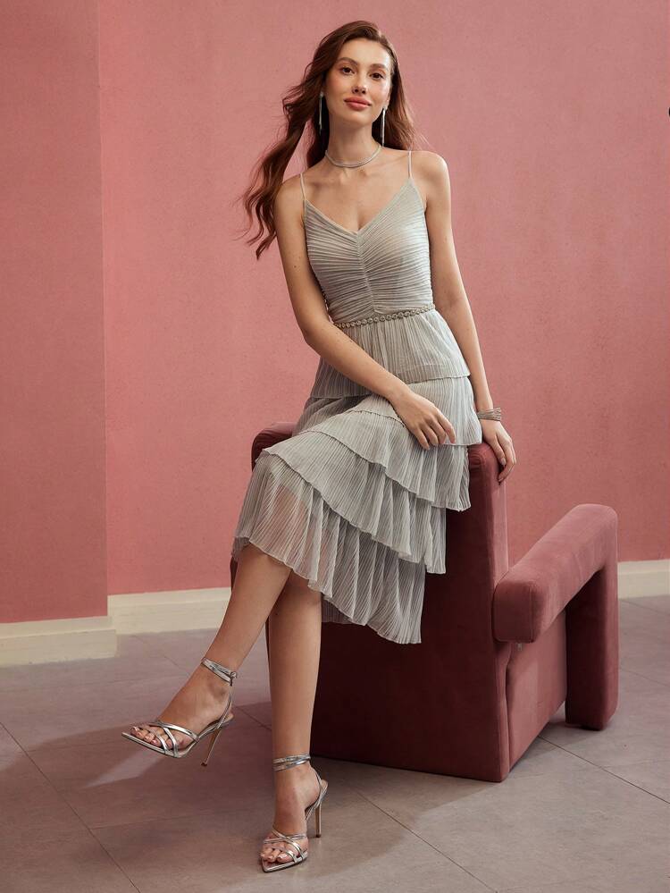 RUCHED RUFFLE TRIM CAMI DRESS