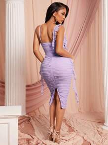 SHEIN SXY 春夏新年结婚季优雅浪漫情人节约会必备淡紫色弹力网纱修身百褶荷叶边装饰吊带中长连衣裙