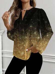 Glamance ORANGE STUDIO Blusas de mujer en negro y dorado de manga larga con escote entallado, de estampado completo, de color block, de tela lisa - conjuntos de verano casuales para salir para mujeres - Tops de verano