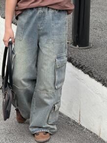 DAZY Girls' Large Pocket Decorated Denim Long Pants, Spring/Summer, Tween Girl,Back To School Clothes