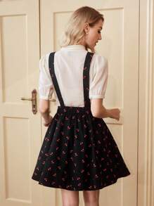 Vintamour Vintage Retro Elegant Women Cherry Print Square Neck Sleeveless Bib Overall Dress With Ruched, Pockets A-Line Dress New Years Women Outfit Vacation Outfits Woman Summer Outfits - Black - View 7