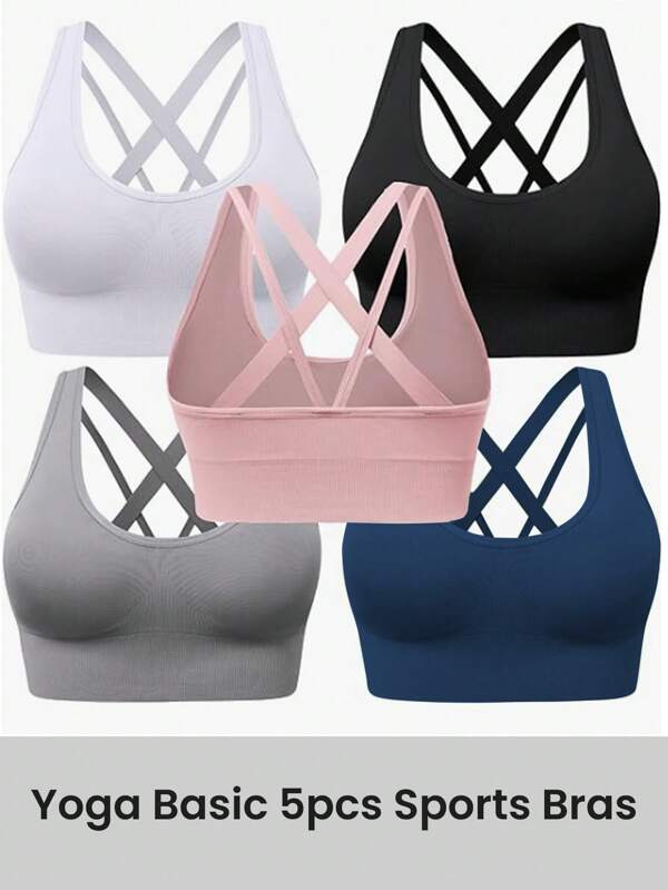 SHEIN Sport Studio 5pcs Women Solid Color Sleeveless Hollow Minimalist Seamless Sports Bra Set