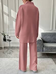 EURMUSE 2pcs/Set Women's Casual Solid Color Sweater & Leggings, Autumn/Winter - Rose Red - View 2