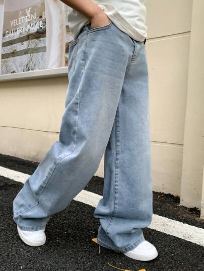 SHEIN 青少年男童时尚休闲复古蓝色牛仔宽松阔腿牛仔裤，柔软舒适，适合日常穿着，四季皆宜。