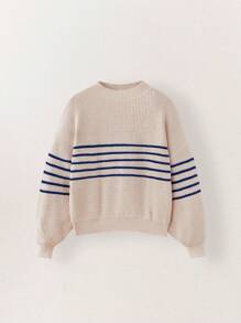SHEIN Tween 女童条纹圆领长袖休闲毛衣，秋冬款 - 米色 - 查看 1