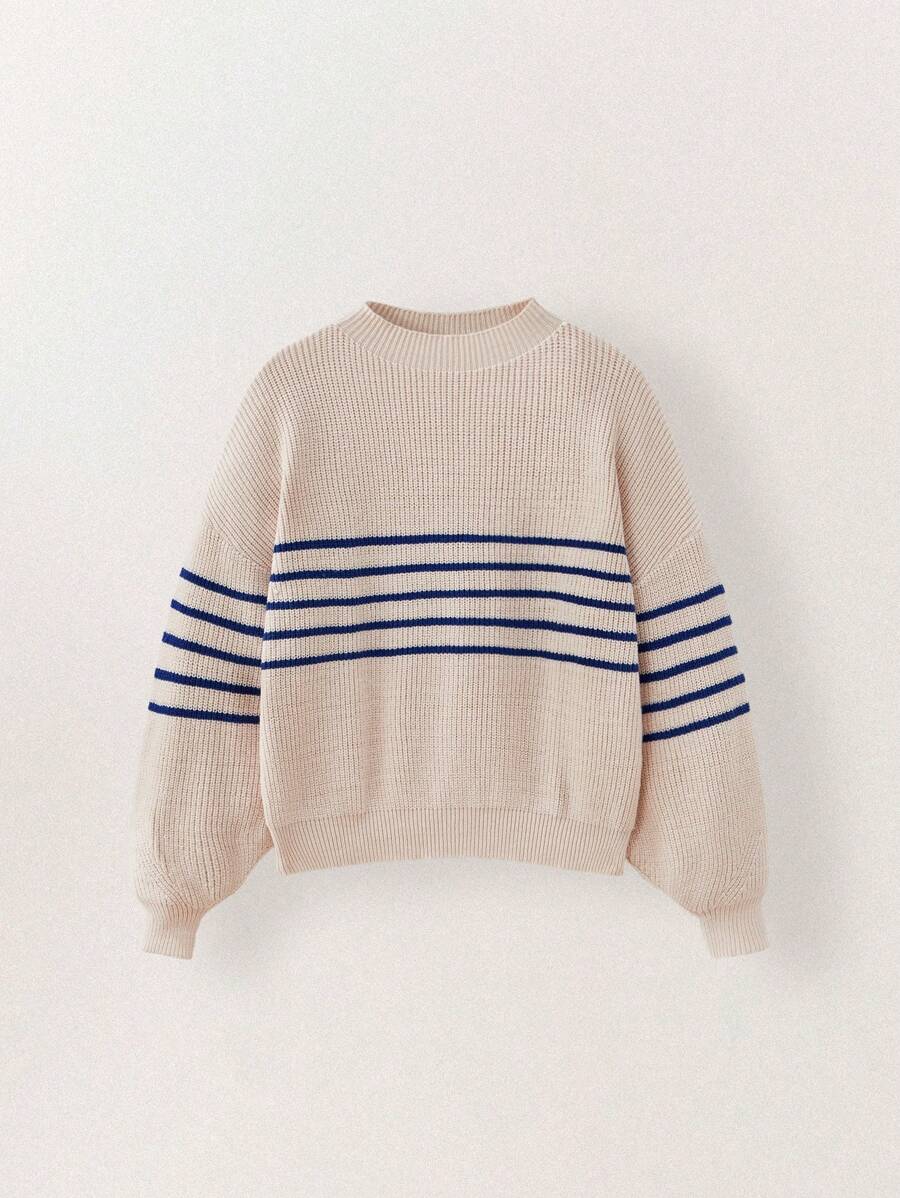 SHEIN Tween 女童条纹圆领长袖休闲毛衣,秋冬款 - 米色 - 查看 1