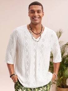 Manfinity VCAY Men's Knitted Casual Loose V-Neck Short Sleeve T-Shirt, Fashionable Young Style - White - View 1