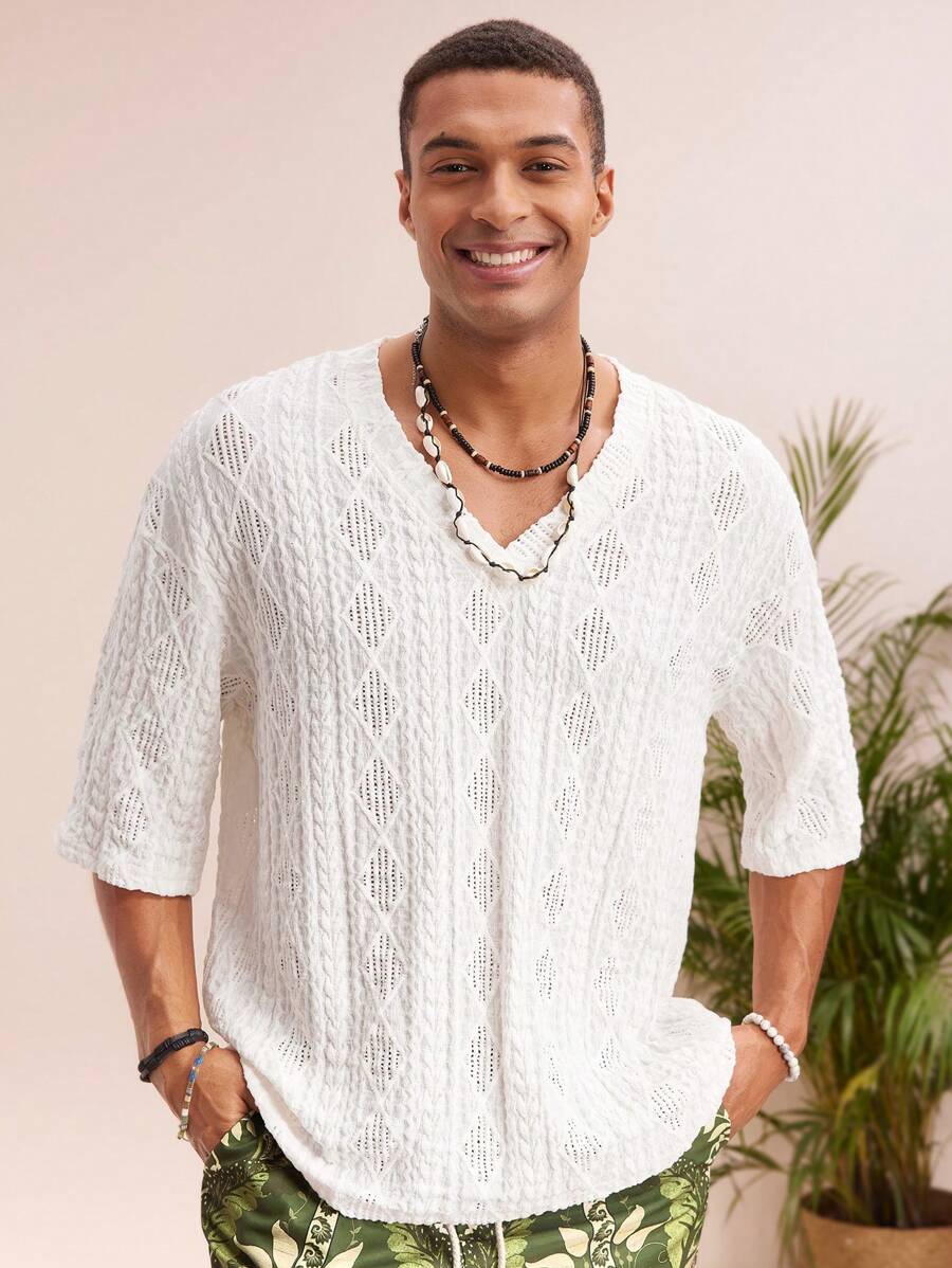 Manfinity VCAY Men's Knitted Casual Loose V-Neck Short Sleeve T-Shirt, Fashionable Young Style - White - View 1