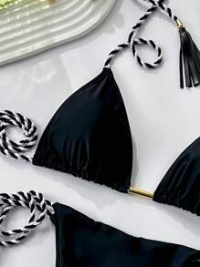 SHEIN Swim Summer Solid Color Simple Triangle Cup Black & White Woven Tie Tassel Two-Piece Bikini Set - Black - View 3