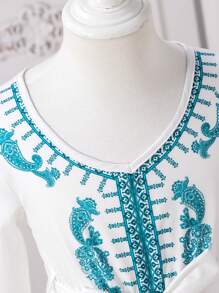 年轻女孩休闲优雅花卉印花长袖连衣裙 - 藍白色 - 查看 4