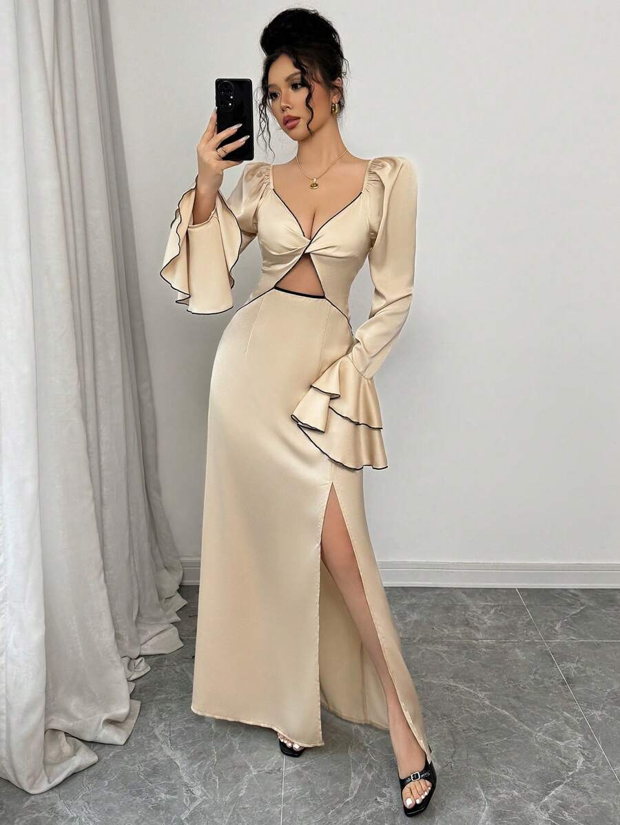 SHEIN Tall Elegant French Contrast Color Woven Double Layer Flared Sleeve Cross Front Design Dress For Women, Autumn/Winter - Multicolor - View 1