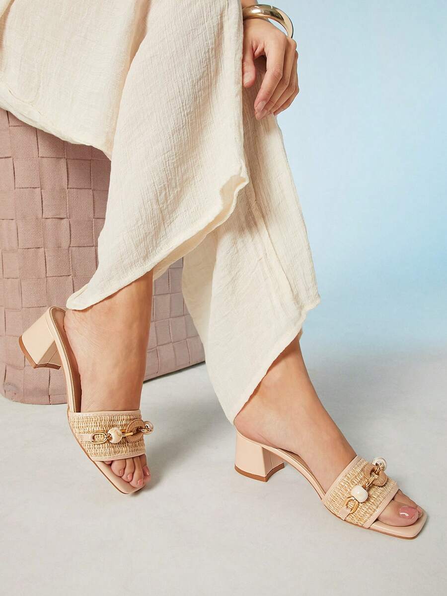 SHUZIA Sandalias de tacón medio de rafia elegantes y casuales para damas - Beis - Ver 1