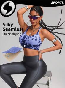Innovista Woman Activewear Seamless Sports Bra, Tie Dye Print High Elastic Push Up & Support Sports Gym Top, Breathable & Dry Fit Dynamic Print Workout Offits, Fitness,Outdoor,Cycle,Bike,Running,Boxing,Strength,Cardio,Yoga,Party,Music Festival,Versatile.Tank,Vest,Spring,Underwear,Base Layer,Tracksuit,Blue,Valentine's Day