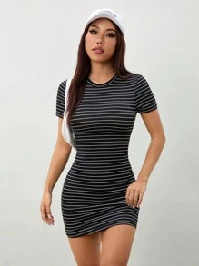 SHEIN PETITE Black And White Striped Knitted Women's Tight Short-Sleeved Mini Dress