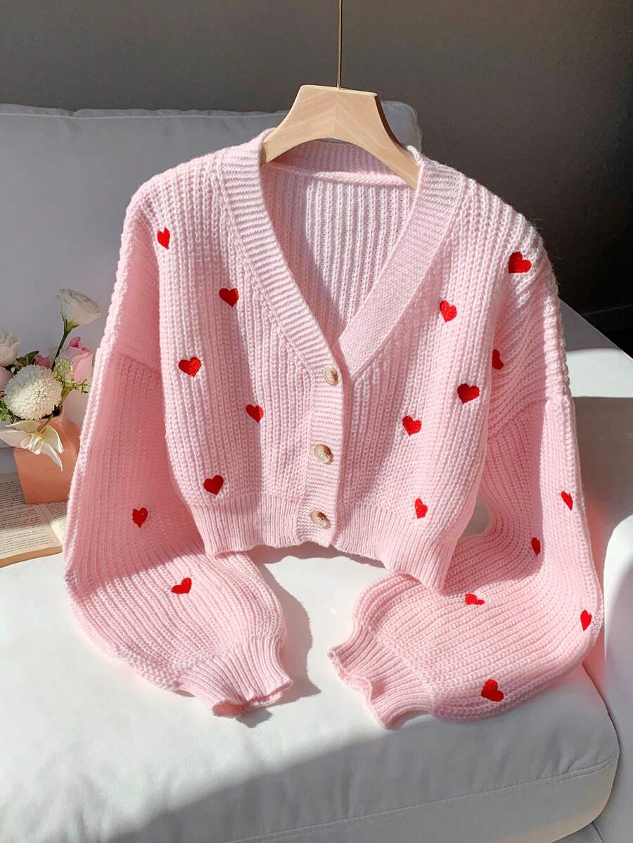 Comfortcana Plus Size Plus Size Heart Pattern Casual Cardigan, Autumn/Winter - Pink - View 1