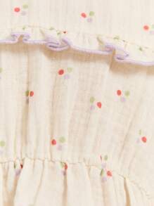 THE HAPPY LOOK Young Girls' Polka Dot Pattern Woven Fabric Round Neck Ruffle Trim Puff Sleeve Gathered Waist Flared Hem Color Block Dresses, Pastoral Style