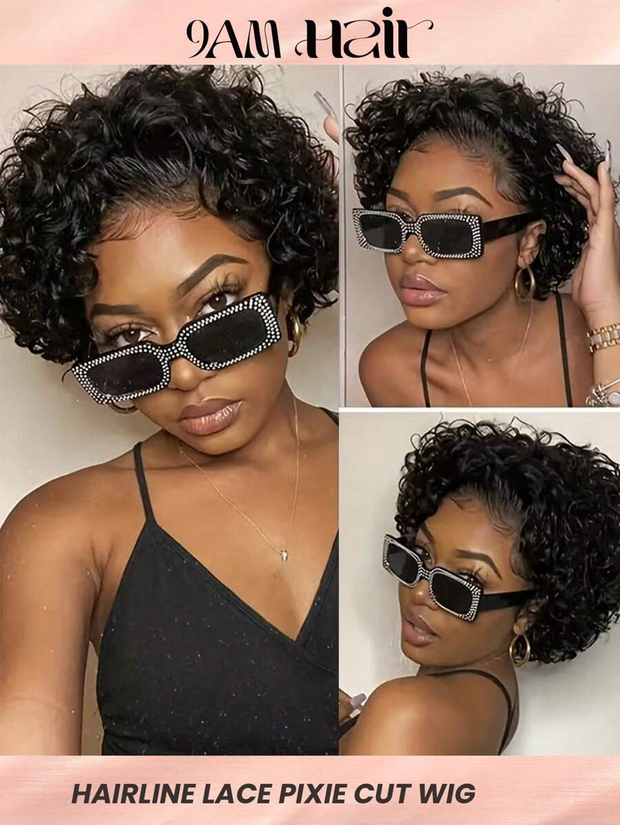 Transparent Lace Water Wave Pixie Cut 12 X 1 Curly Lace Frontal Wigs 150% Density 4 Inch Natural Black Color Pre-Plucked Natural Hairline Human Hair