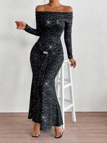 SHEIN Privé Elegant Off Shoulder Metallic Silver Decorative Button Mermaid Dress For Women, Party & Casual Wear, Spring/Autumn
